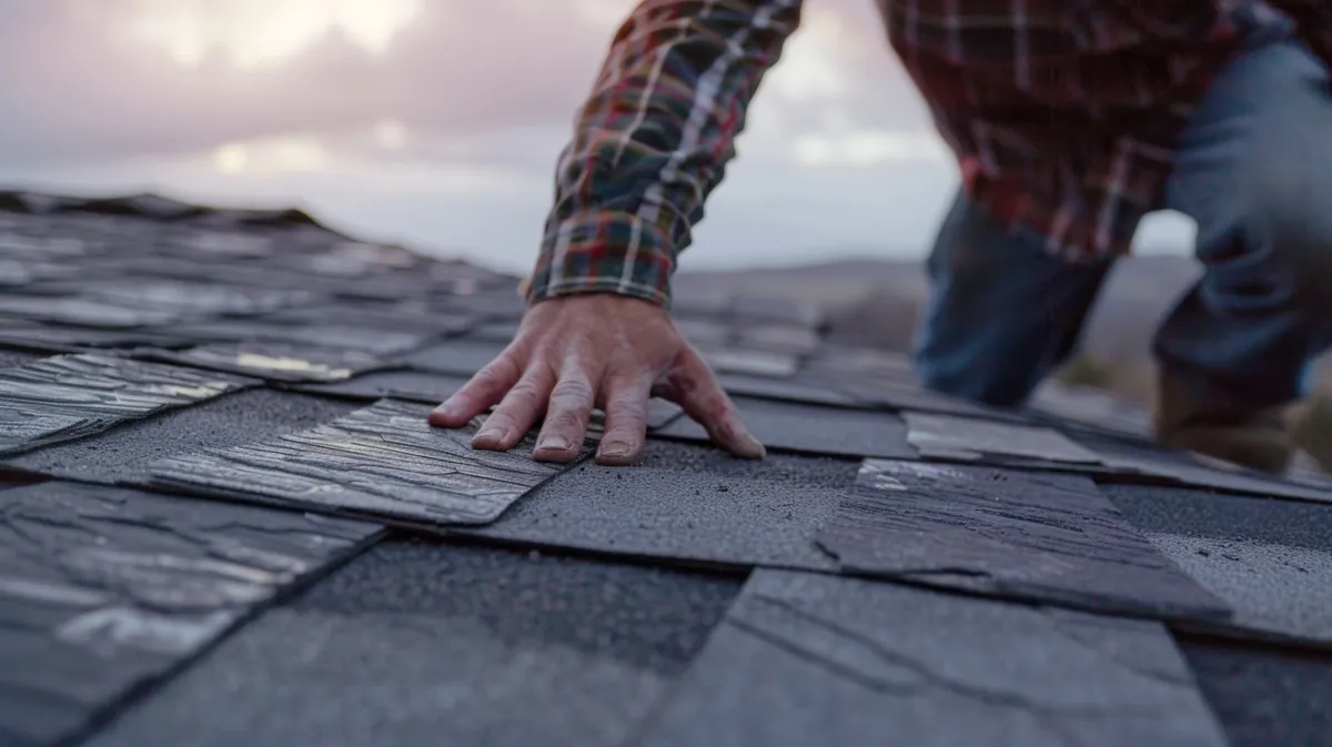 Close detail of hands working roofing material on site
