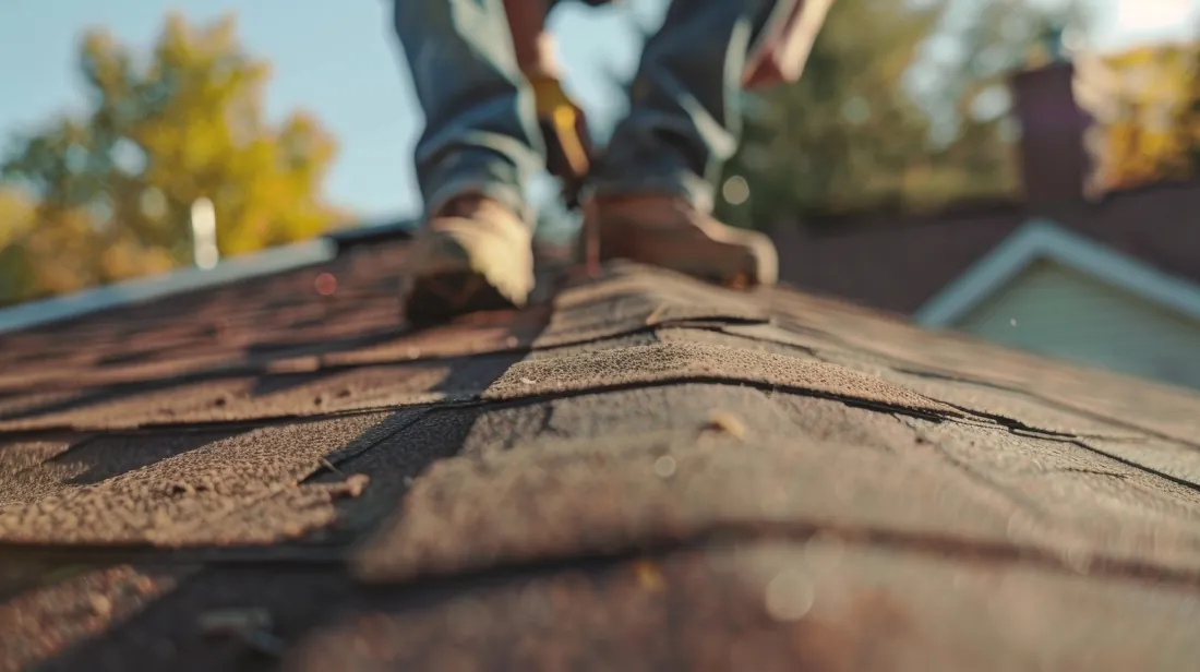 Roofer working on concrete roof tiles in natural light